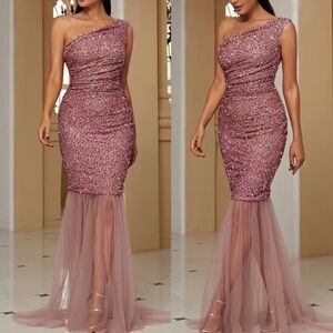 Luxe one shoulder mesh  party formal evening sequins dress
